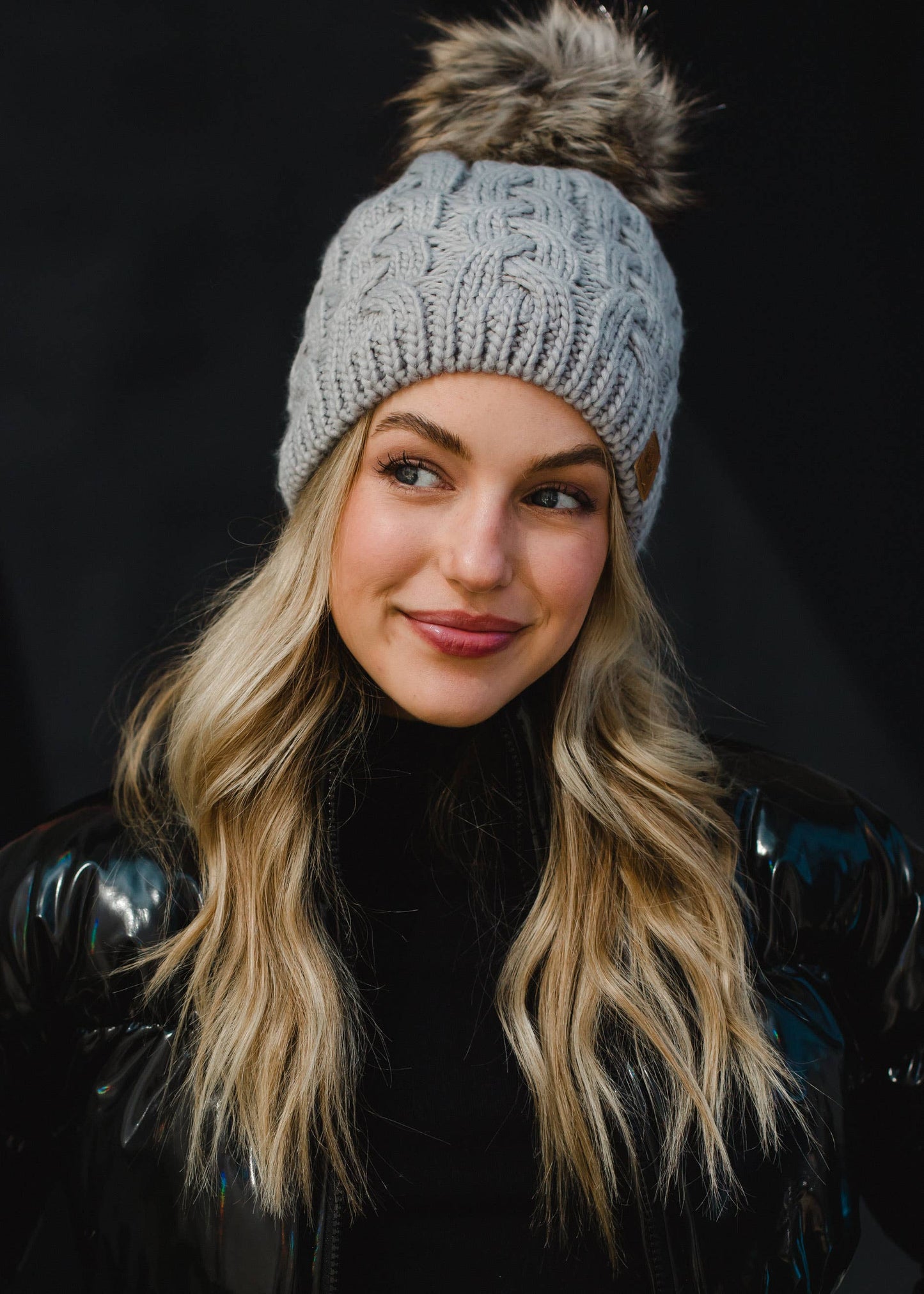 Gray Braided Knit Pom Hat