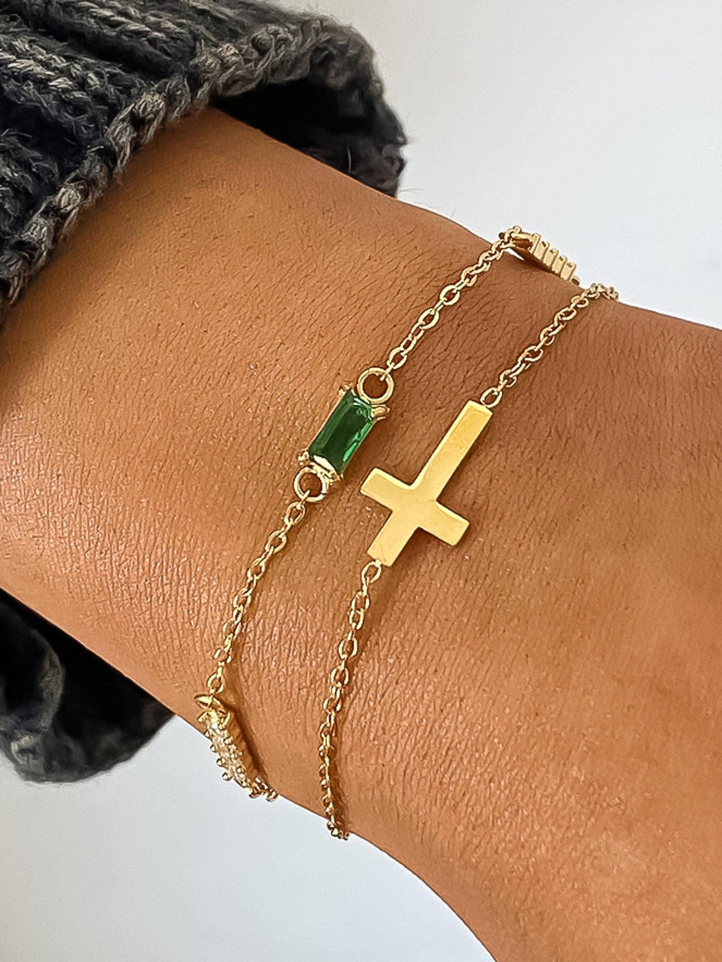 Gold Cross Layered Bracelet with Green Gem Water Resistant