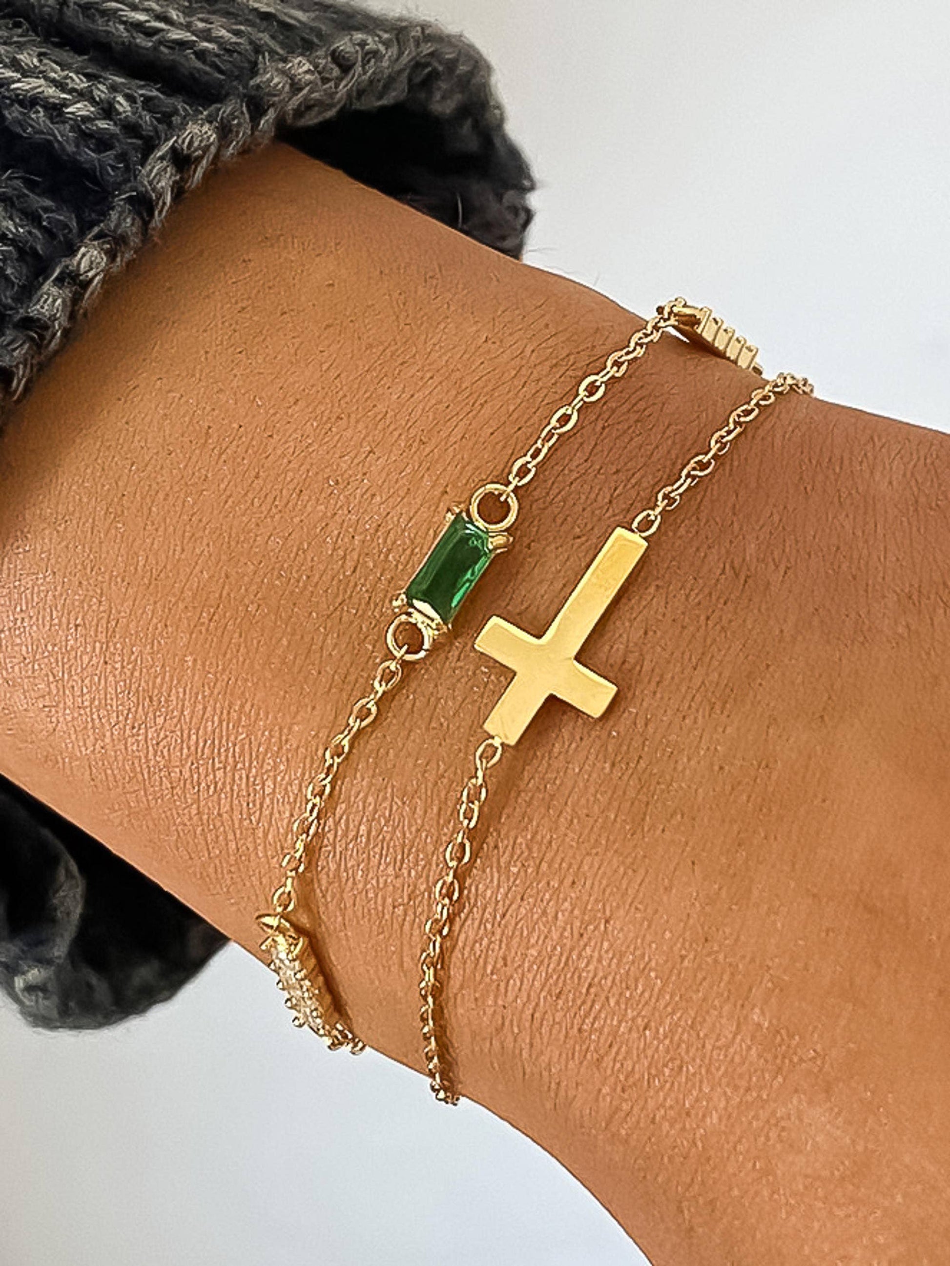 Gold Cross Layered Bracelet with Green Gem Water Resistant