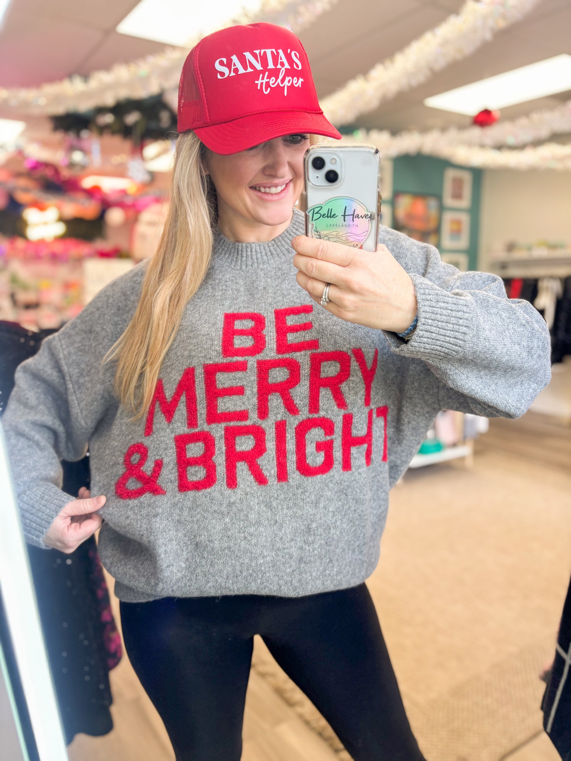 Merry and Bright Gray Mock Neck Dropped Shoulder Sweater 