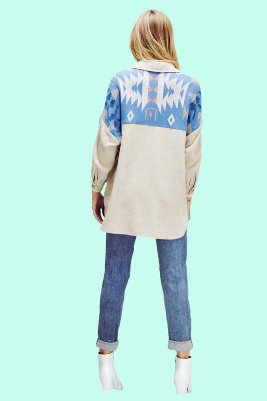 Button Down Aztec Patch Corduroy Plus Size Jacket