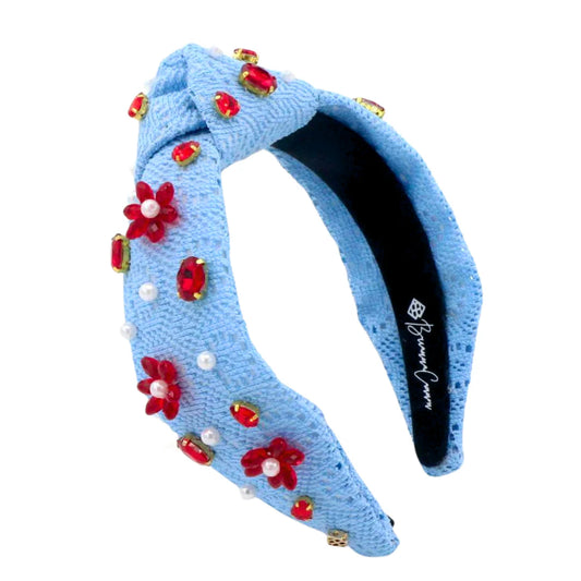 Powder Blue Crochet Headband with Red Flowers & Pearls