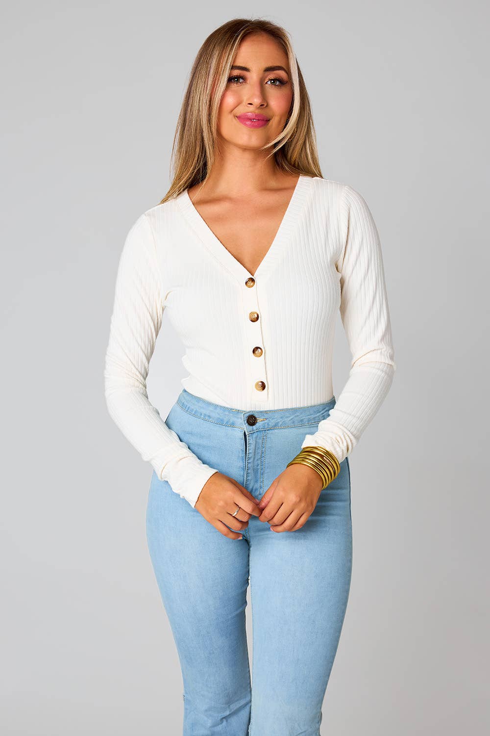 Buddylove Holly White Ribbed Long Sleeve Cheeky Bodysuit