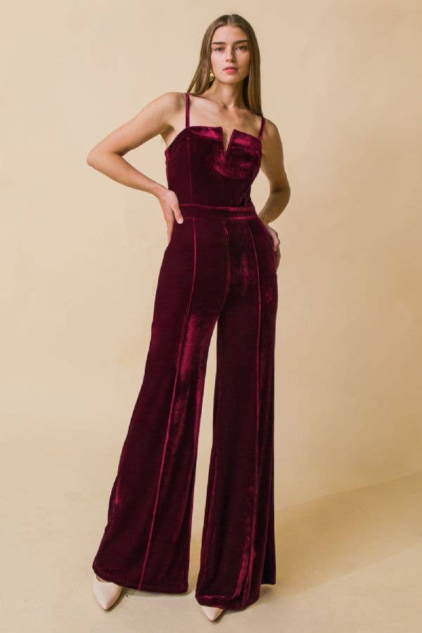 Burgandy Velvet Wide Leg Jumpsuit