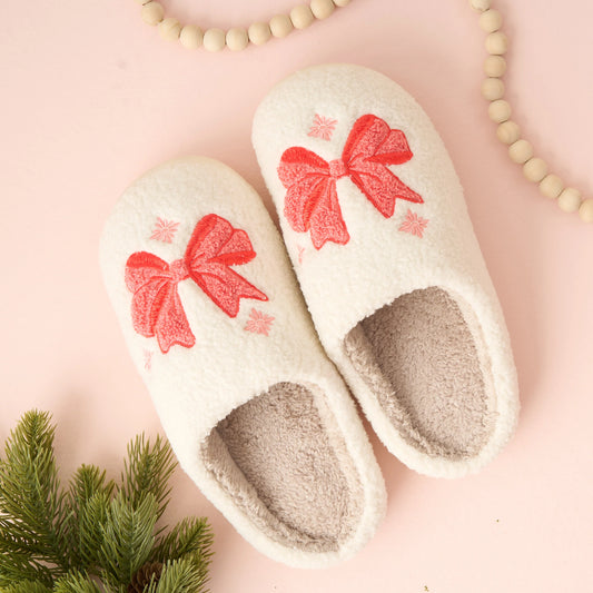 Christmas Bow Fuzzy Slippers