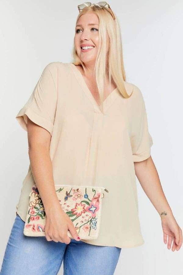 Dolman Sleeve Basic V-Neck Plus Size Beige Blouse