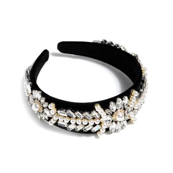 Embellished Rhinestone Pearl Black Velvet Holiday Headband