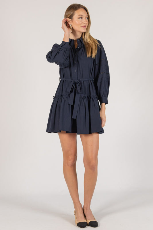 Eyelet Poplin Navy Long Sleeve Dress