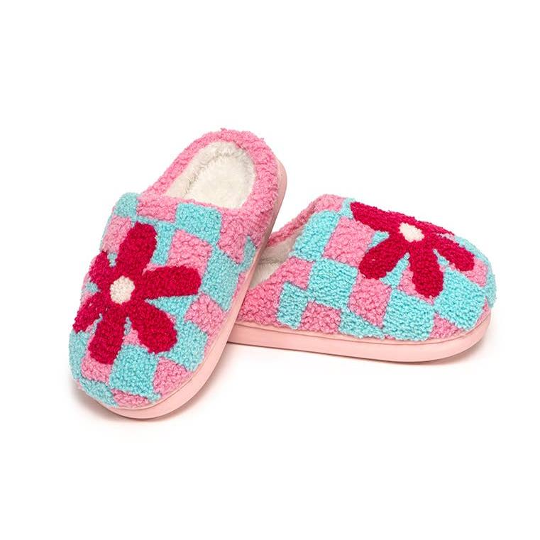Flower Checkered Pink Blue Indoor Outdoor Youth Slippers