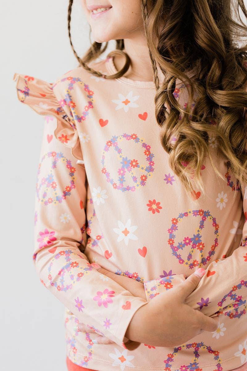 Flower Child Floral Peace Sign Long Sleeve Ruffle Top