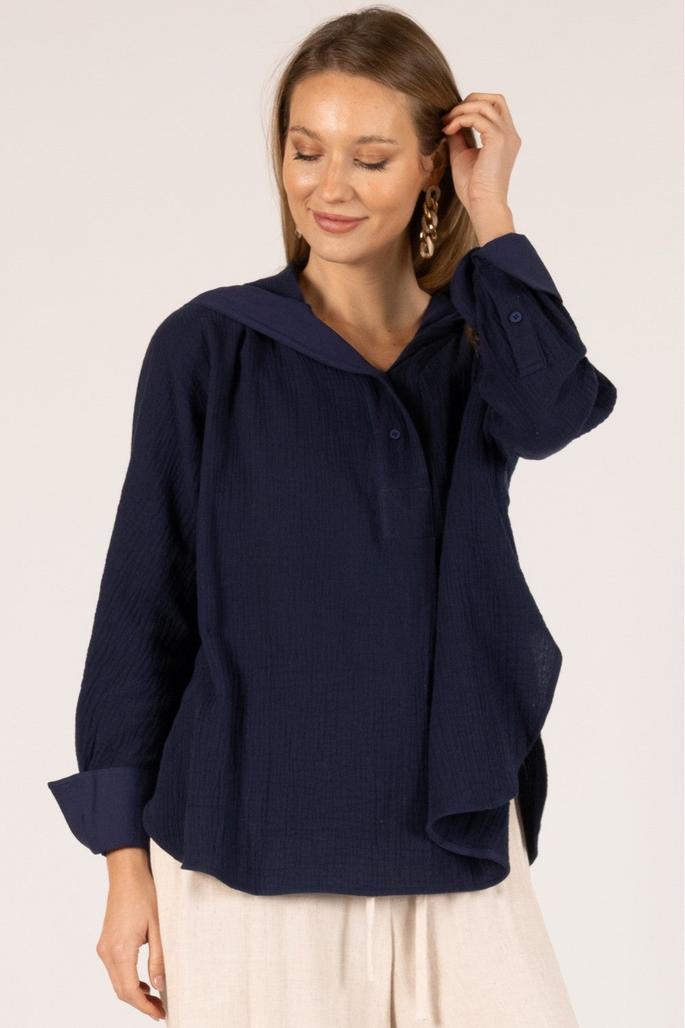 Gauze Navy Blue Hooded Light Weight Pullover