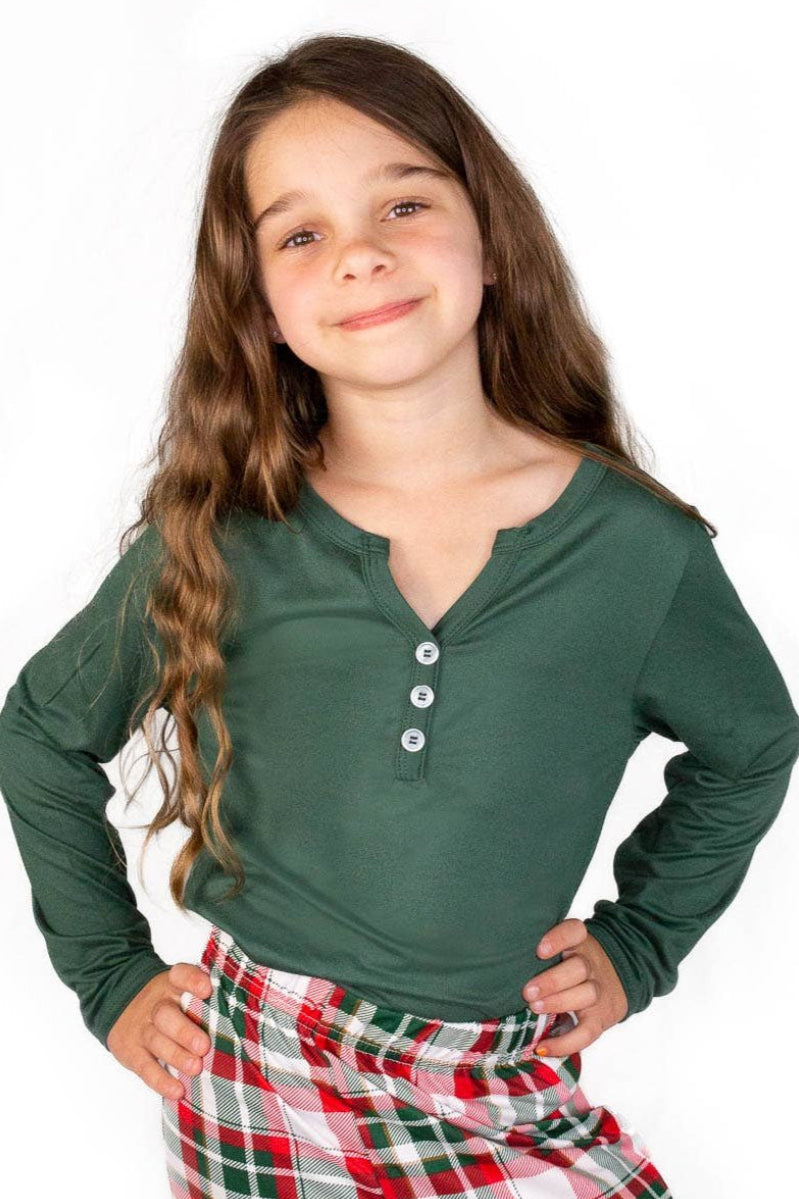 Girl's Classic Henley Dark Green Sleep Long Sleeve Sleep Shirt 