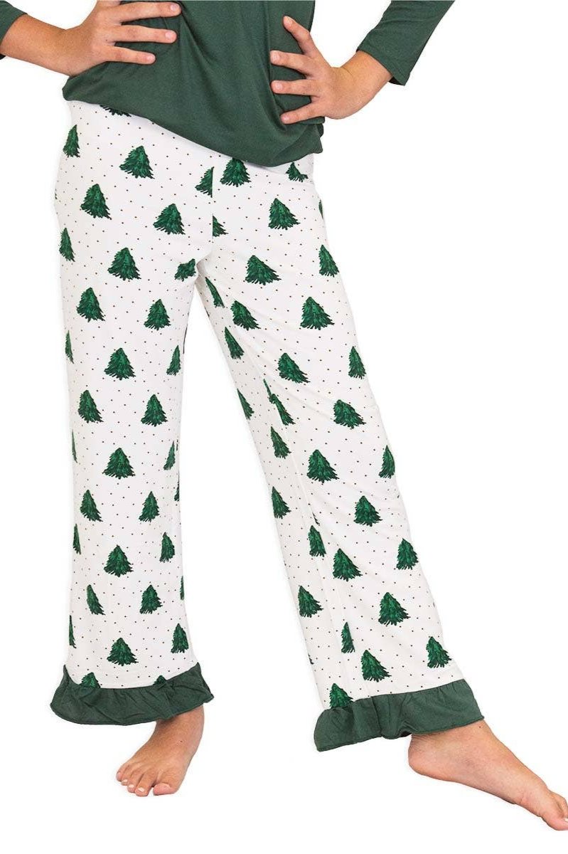 Holiday Christmas Tree Pajama Ruffle Trim Girl's Pants Green White
