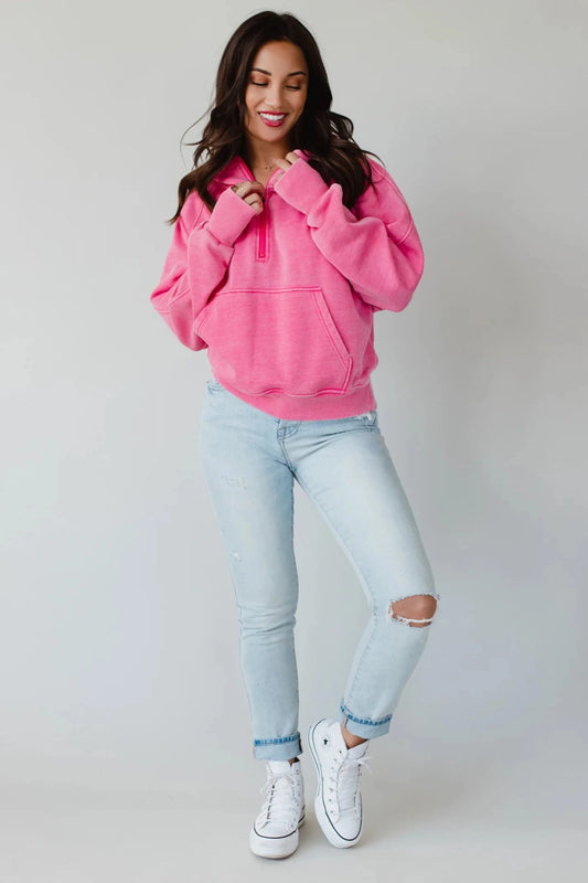 Hot Pink Pullover Quarter Zip Sweatshirt