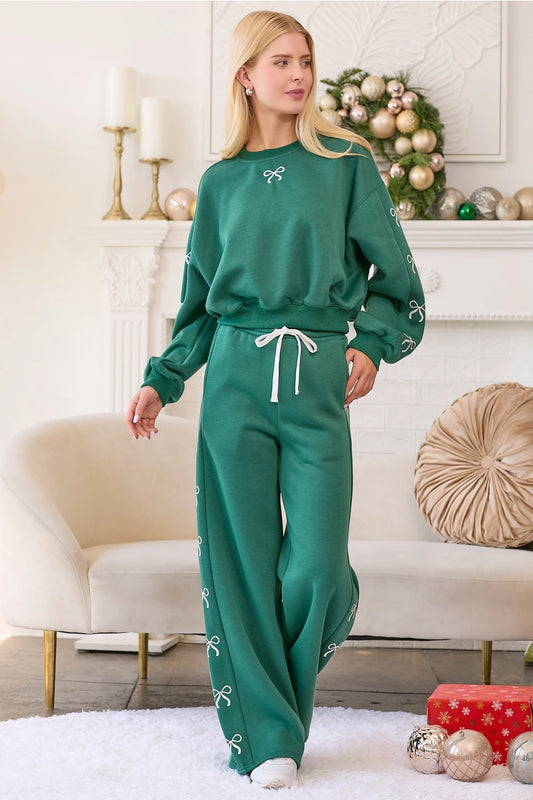 Hunter Green Crewneck Pullover Sweatshirt with White Coquette Bow Details
