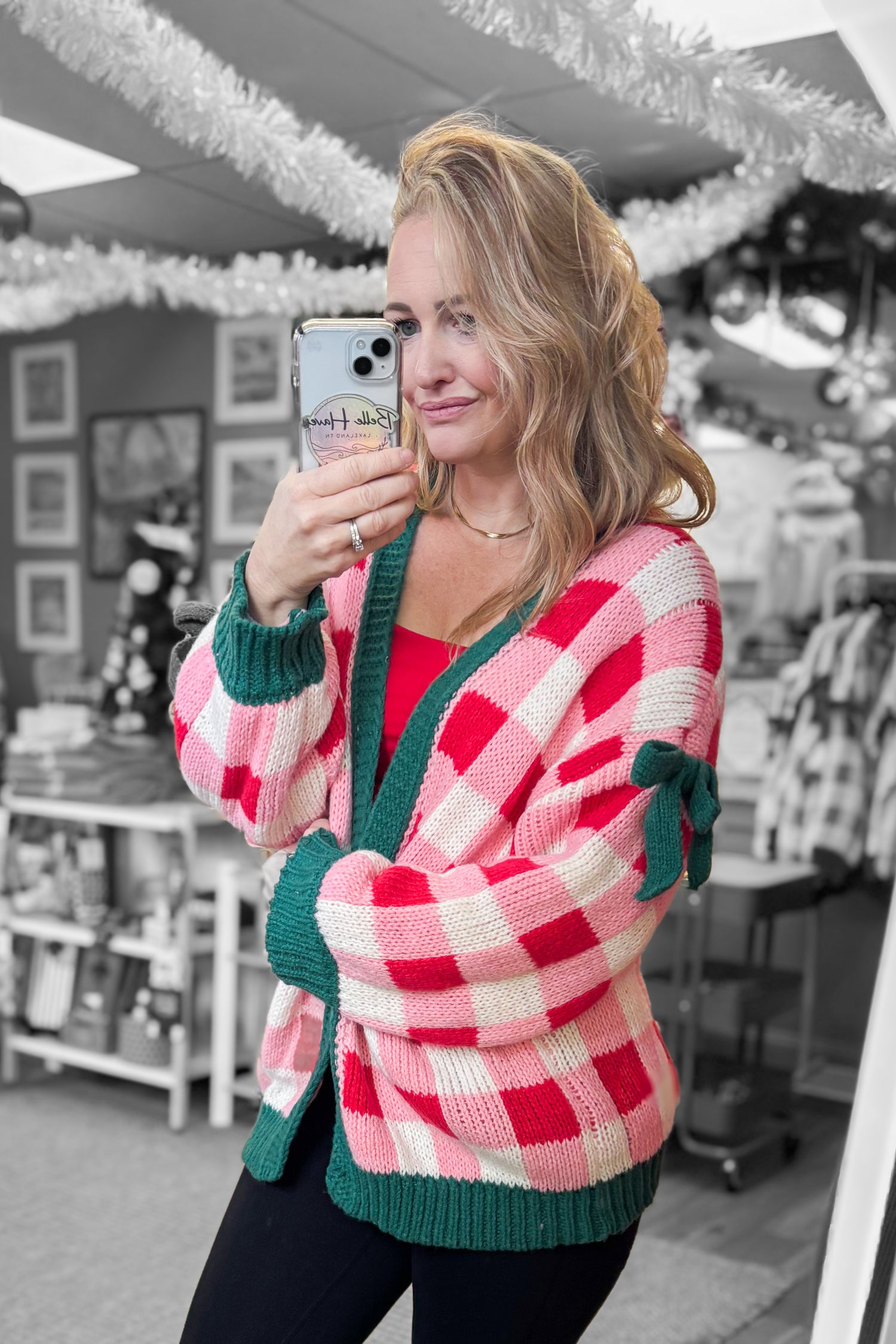 Red and Pink Checkered Knit Cardigan Sweater With Green Trim and Bow Accents
