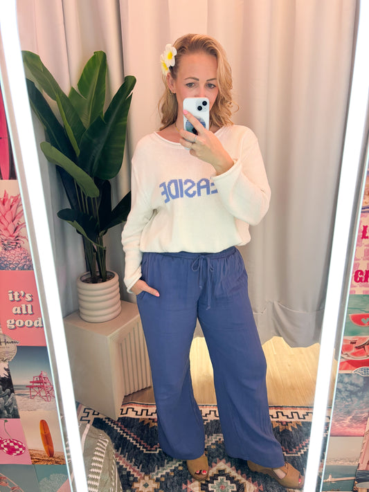 Linen Cabanna Blue Lightweight Elastic Waist Pants
