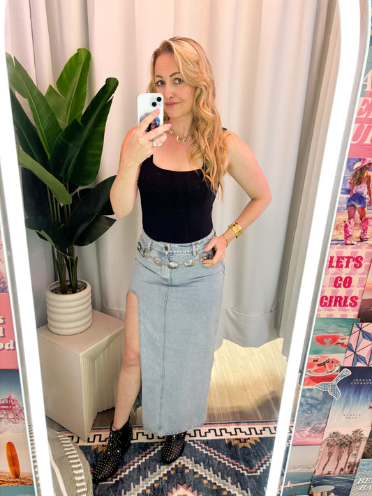 Denim High Slit Maxi Skirt