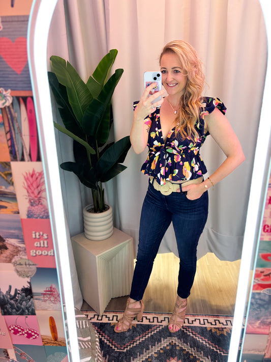 Floral Peplum Style V-Neck Summer Navy Blue Blouse