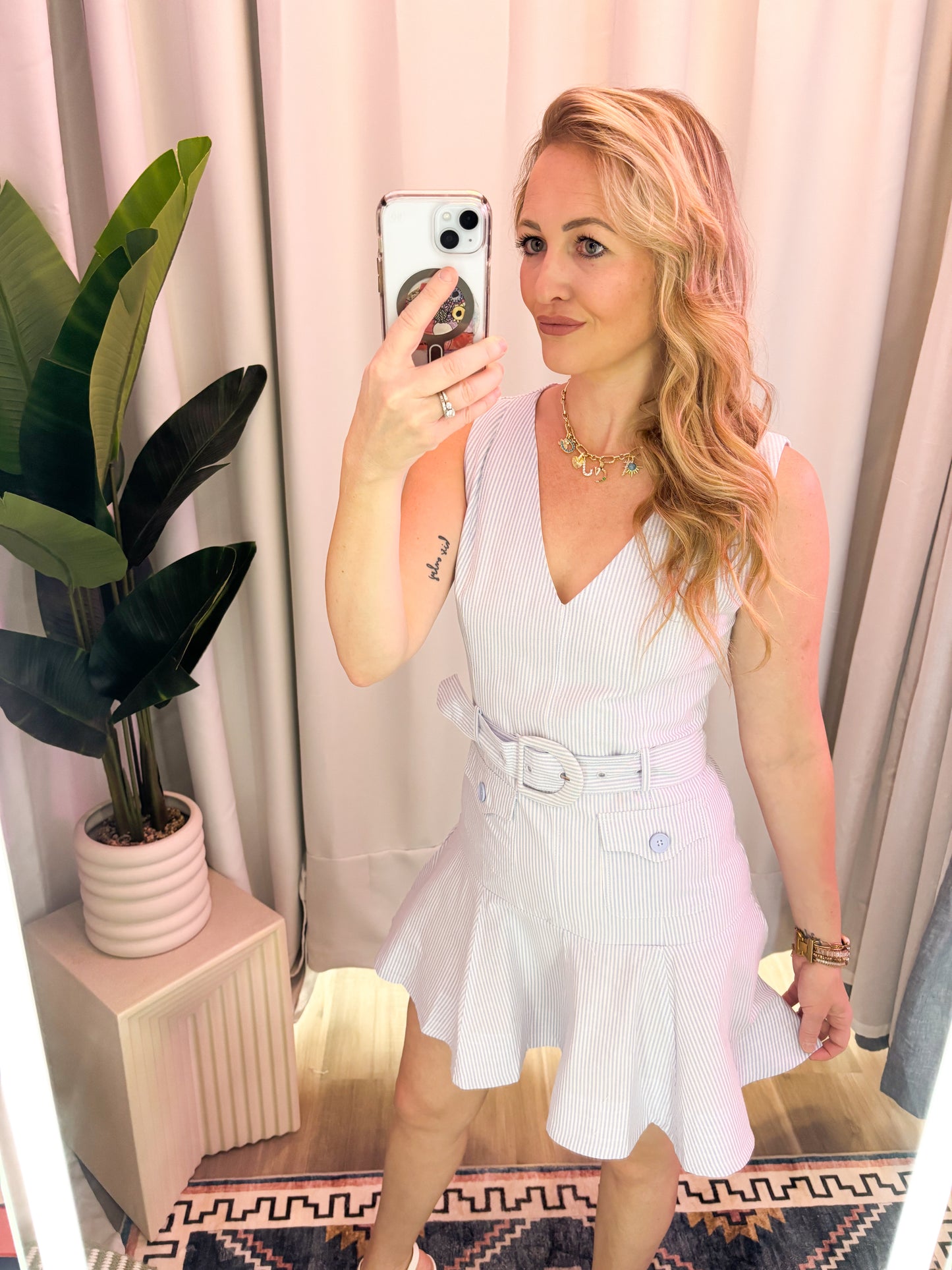 Blue and White Stripe Sleeveless Belted Dress