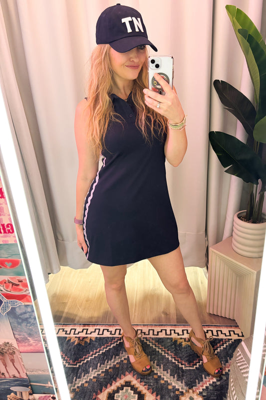 Scalloped Ribbon Accent Sleeveless Navy Blue Jersey Dress