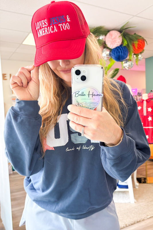 Loves Jesus and America Too Red Embroidered Trucker Hat