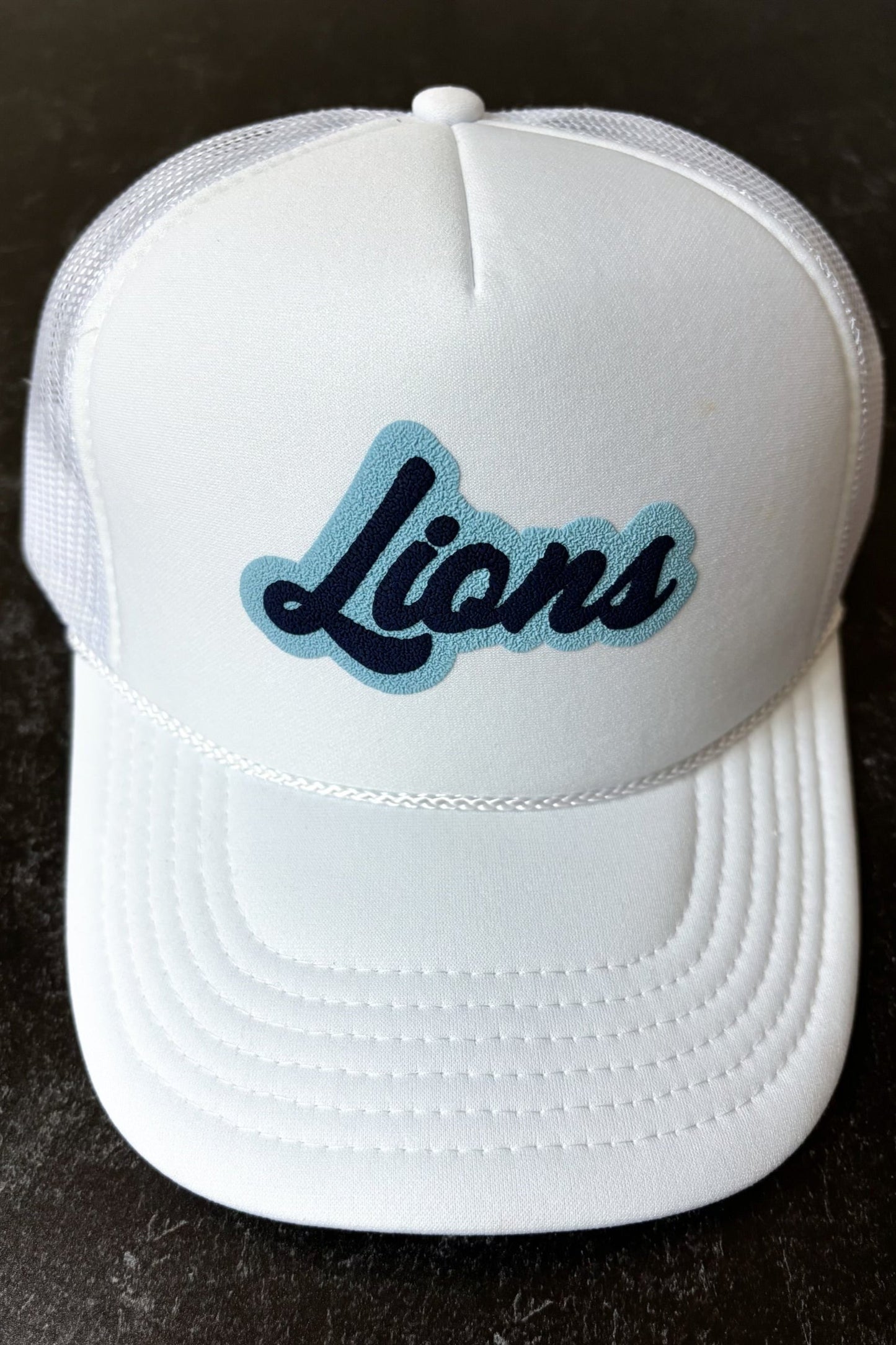 Lions Script Puff White Trucker Hat