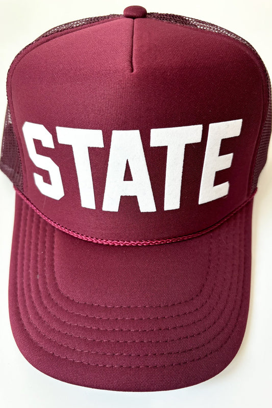 STATE Block Letter Trucker Hat Maroon