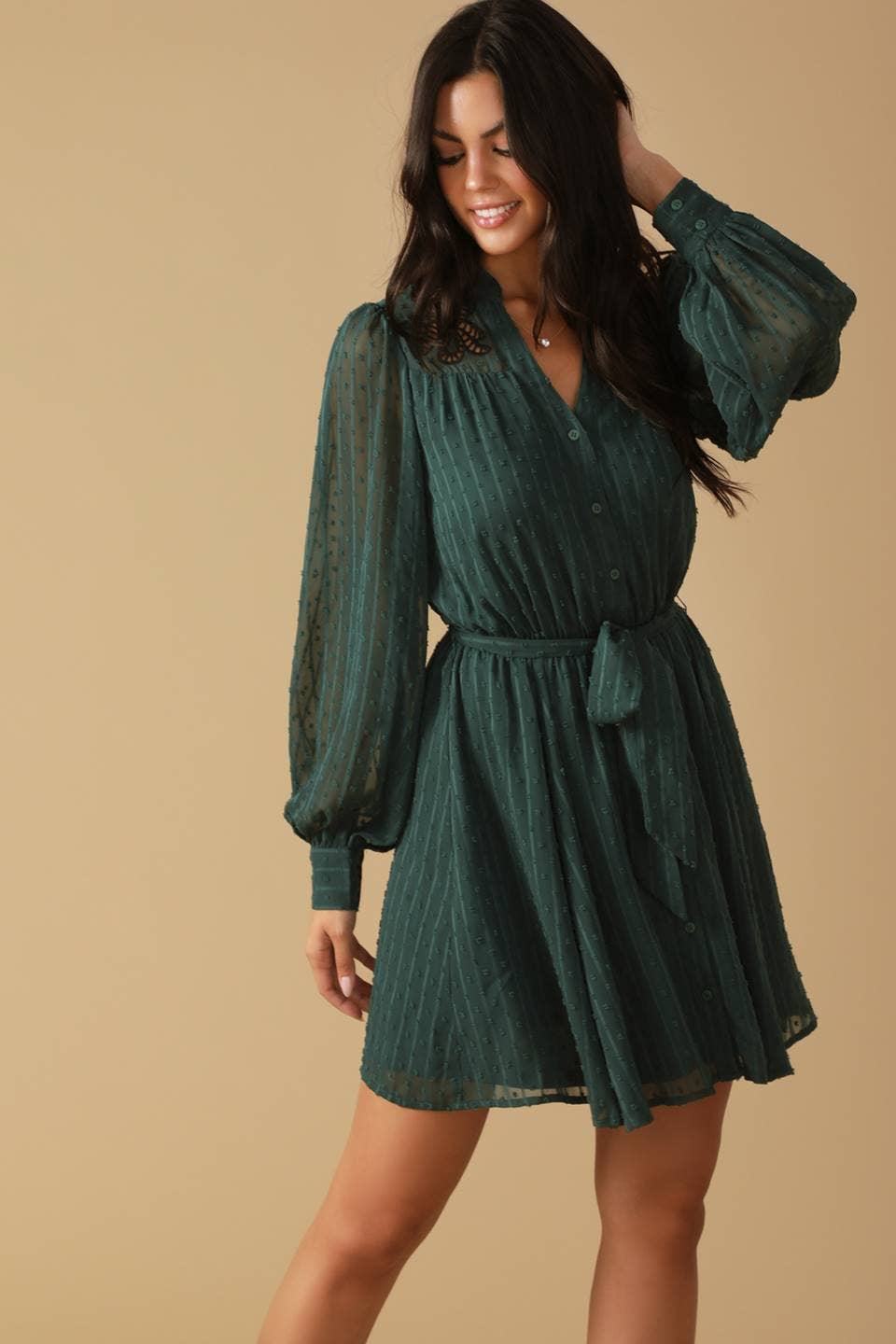 In A Daze Textured Belted Long Sleeve Hunter Green Dress