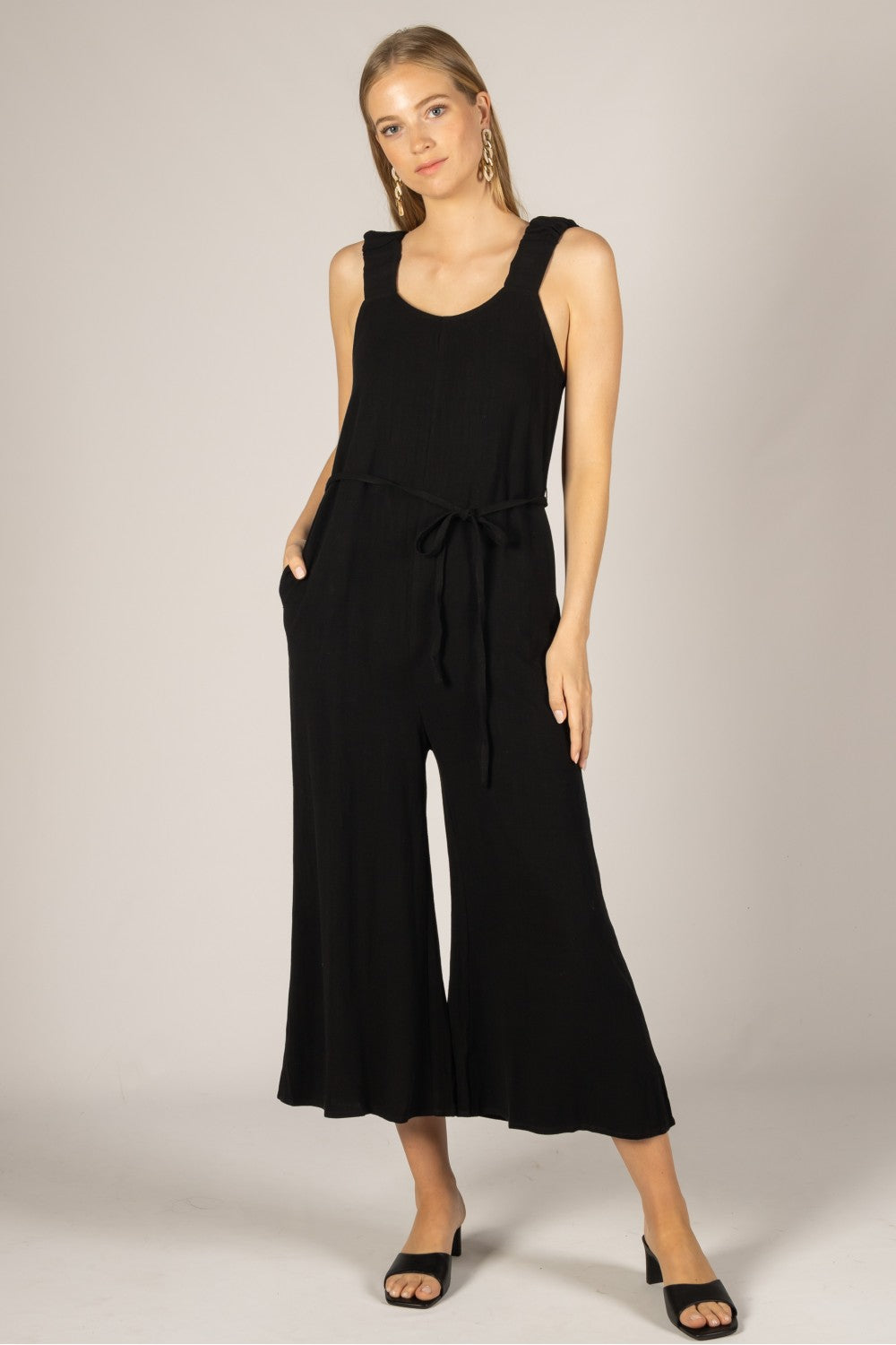 Linen Blend Black Cropped Jumpsuit