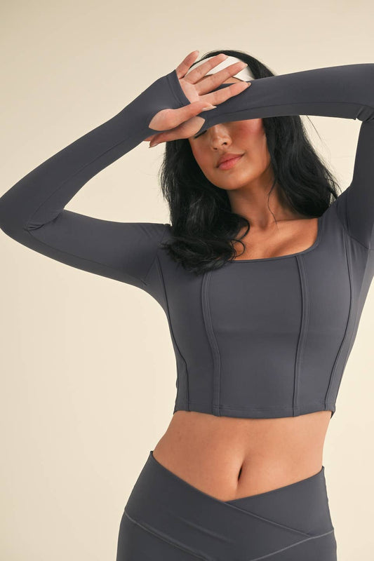 Long Sleeve Square Neck Corset Top Ash Blue