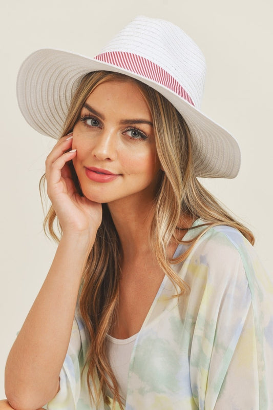 The Hamptons Hat in White With Red Striped Bow Back Ribbon