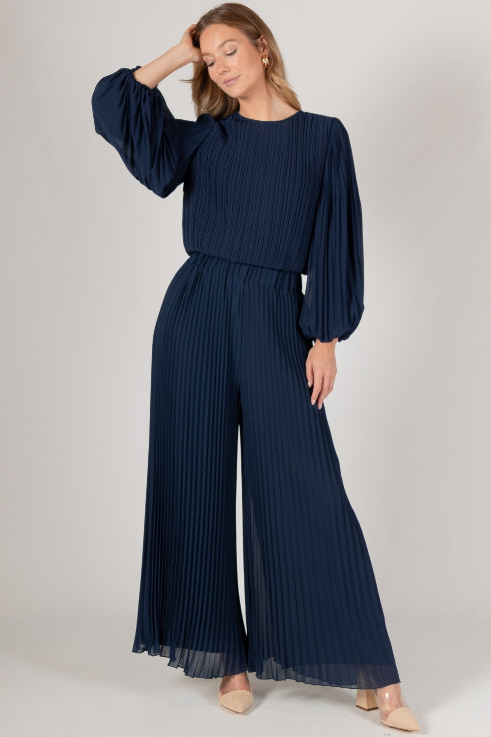 Pleated Chiffon Flounce Long Sleeve Top Navy Blue