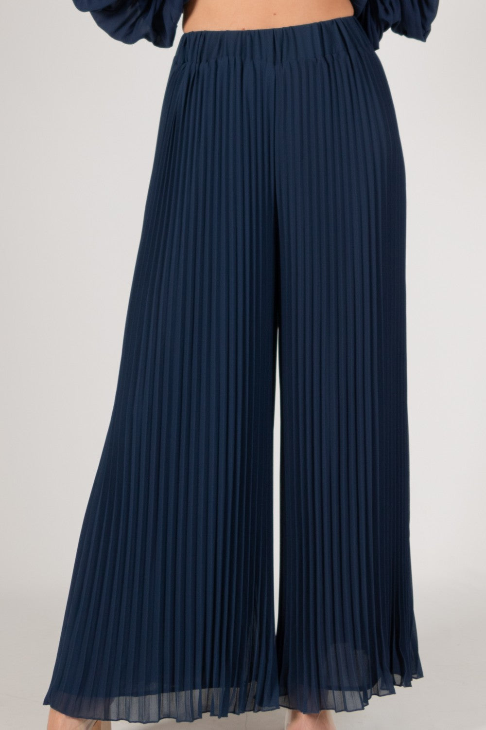 Pleated Chiffon Wide Leg Pants | Navy