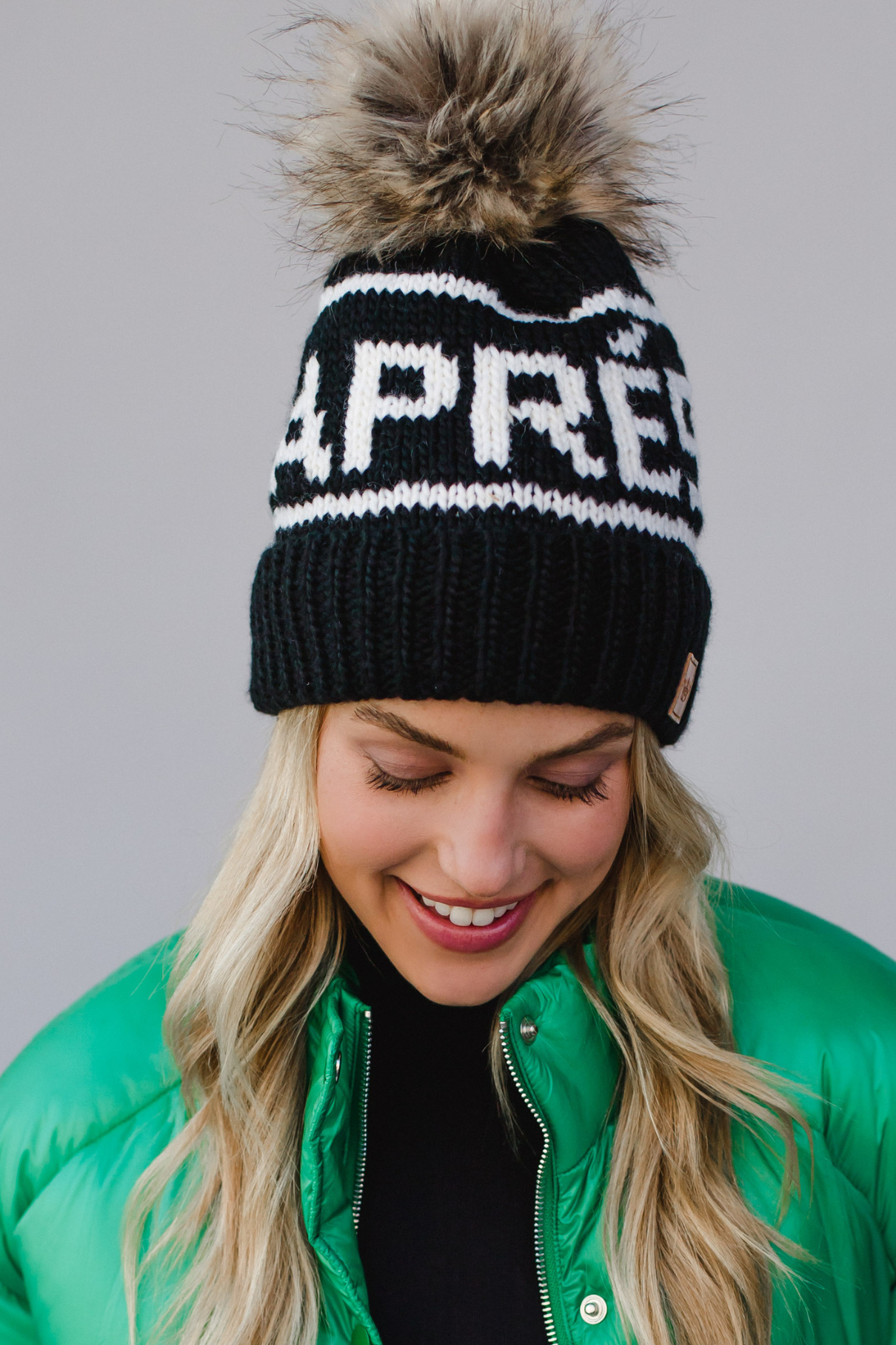 Panache Apparel Black and White Apres Winter Hat Faux Fur Pom