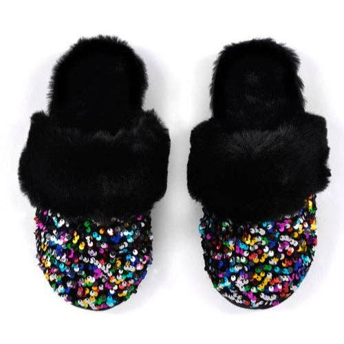 Party Nights Sequin House Slippers Vegan Plush Faux Fur Black Multi Slip On 