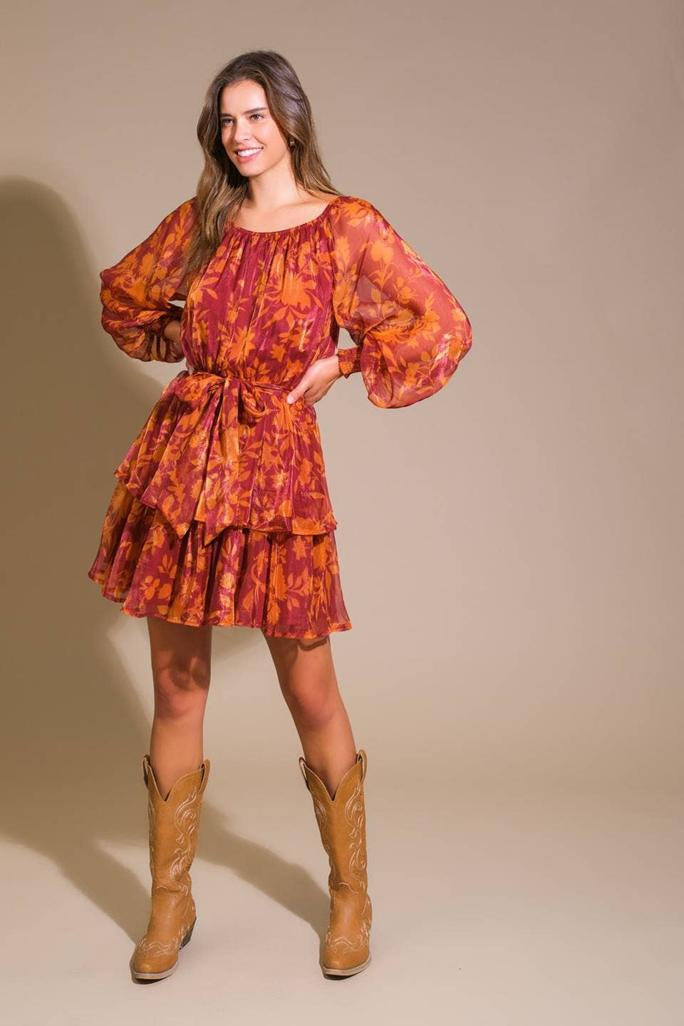 Petal Mist Long Sleeve Belted Fall Dress