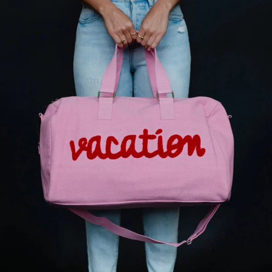 Pink Vacation Bag with Red Textured Lettering Zipper Duffle Bag