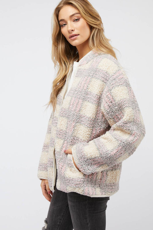 Plaid Zipper Layering Fall Jacket Pink Grey