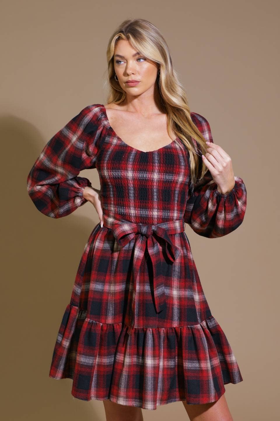 Falling For You Red BlackTartan Plaid Long Sleeve Belted Woven Dress