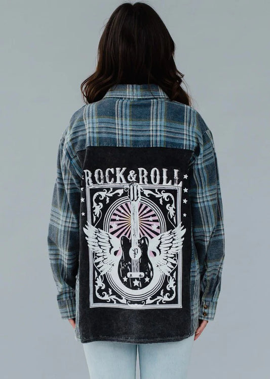 Rock & Roll Patch Plaid Flannel Button Down Blue