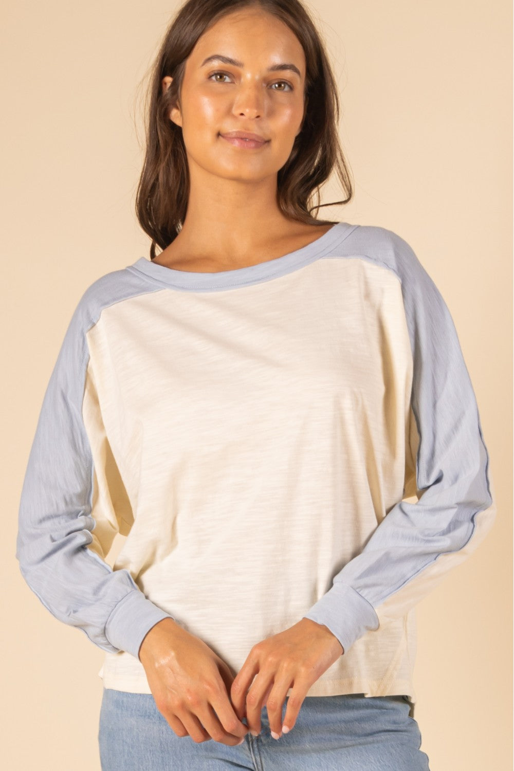 Cotton Slub Contrast Detail Long Sleeve Top Cream Light Blue