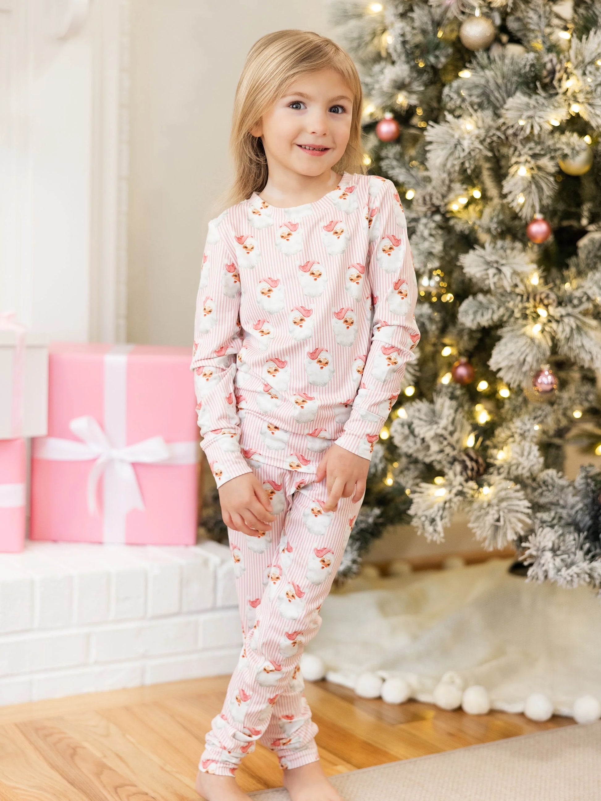 Santa Baby Pink White Sibling Holiday Pajamas