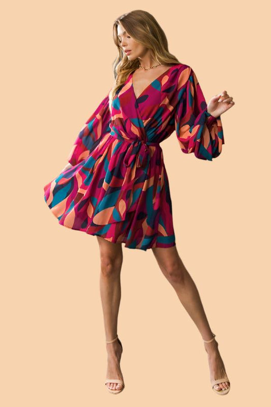 Geometric Multi Color Long Sleeve Belted Swing Dress
