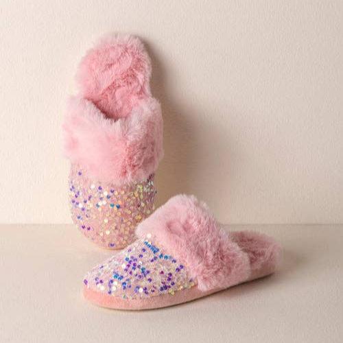 Shiraleah Sequin Slip On Plush House Slippers Pink