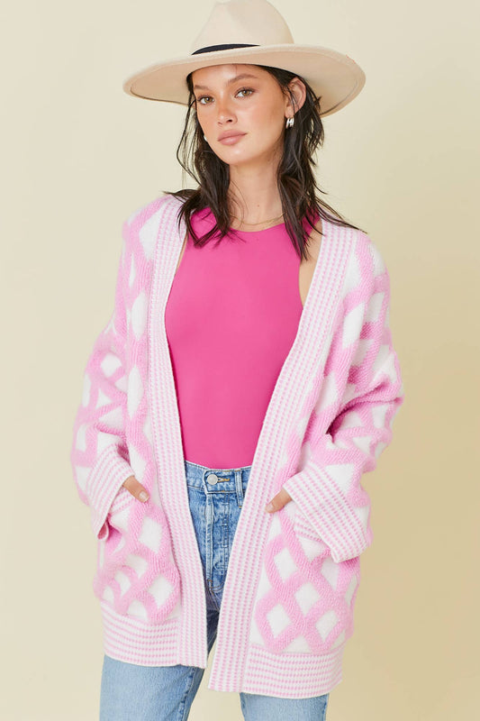 Sweetheart Open Textured Knit Oversized Cardigan with Pockets Pink and White