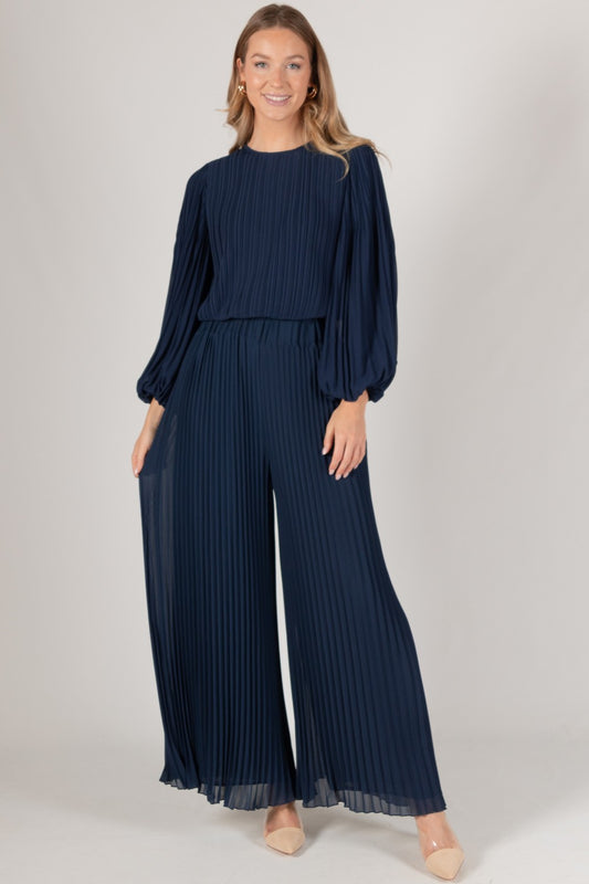 Pleated Chiffon Wide Leg Pants Navy Blue