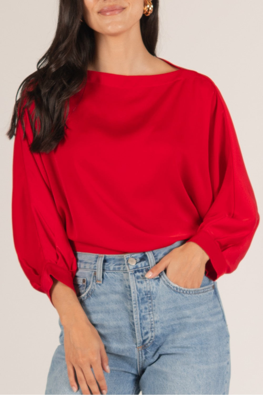 Satin Boat Neck Blouse | Red