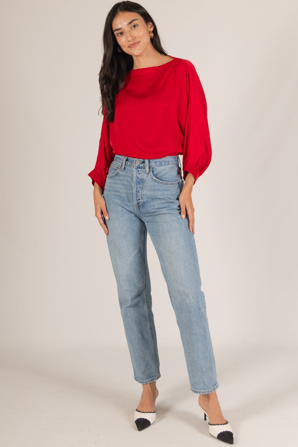 Satin Boat Neck Blouse | Red