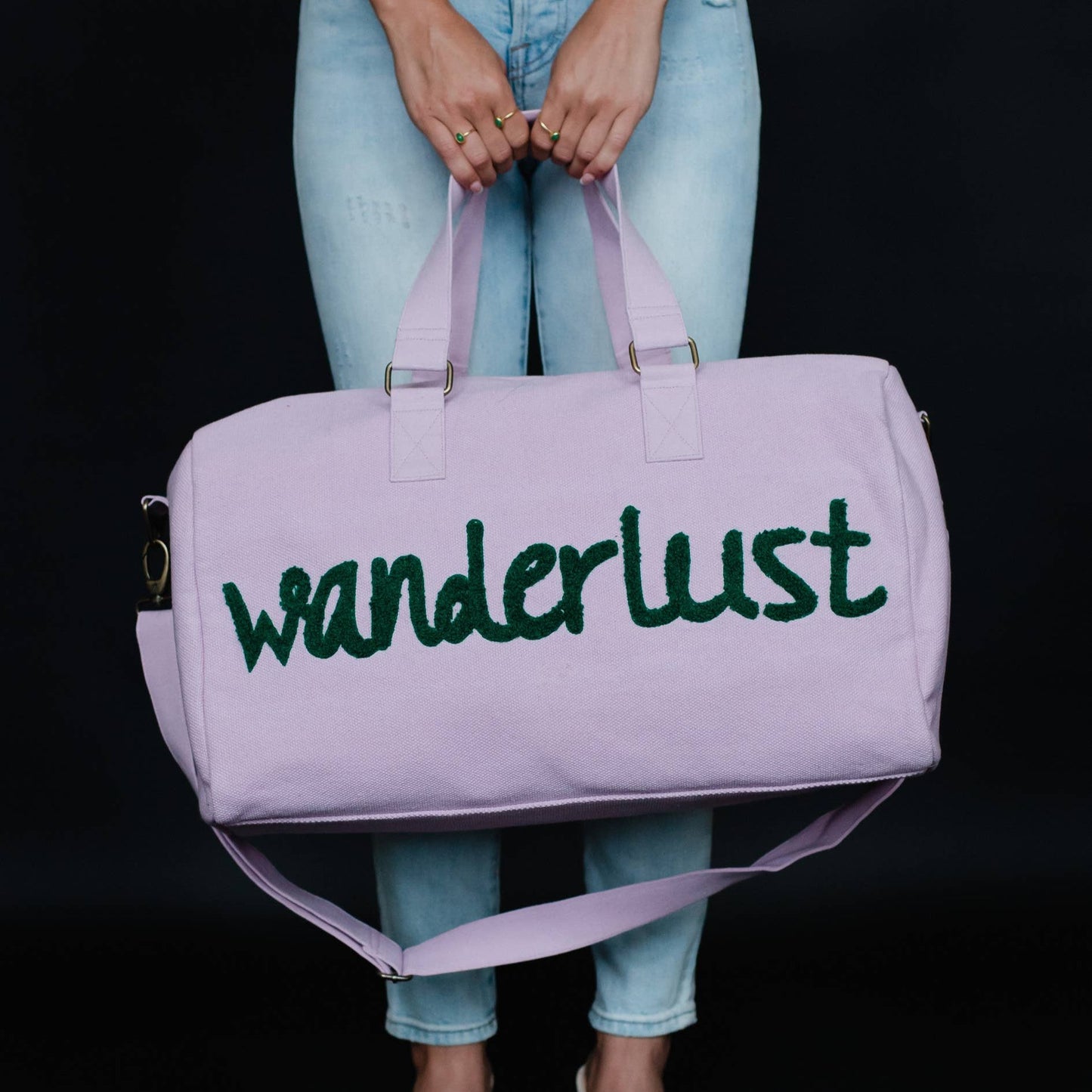 Wanderlust Pink Embroidered Canvas Duffle Bag